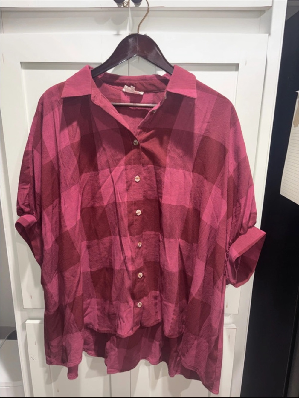 entro Oversized Button-Up Blouse in Burgundy and Dark Rose Plaid